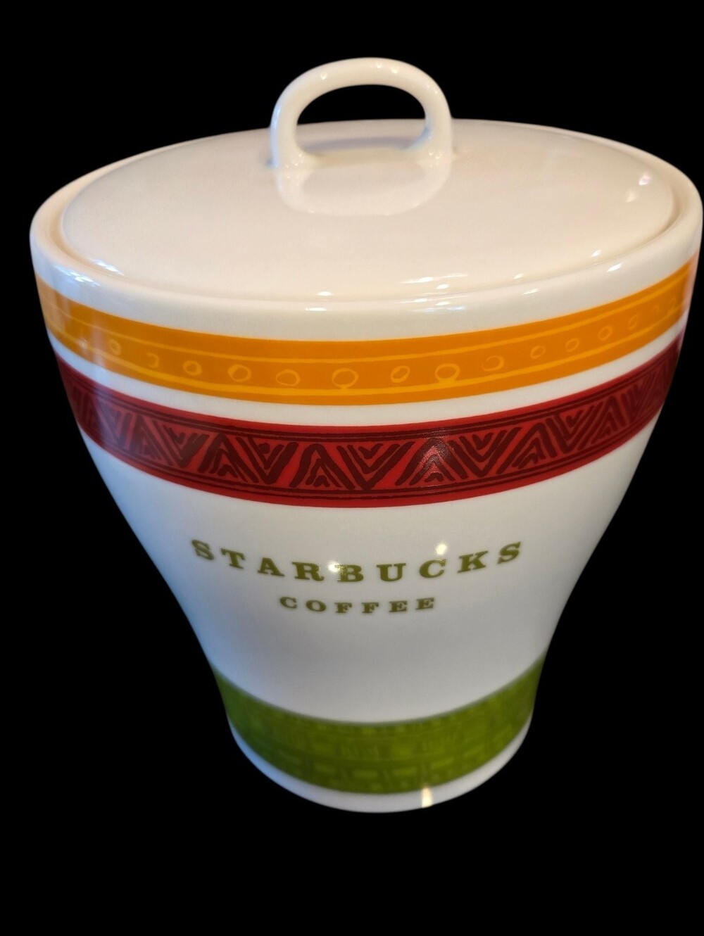 2005 Starbucks White Ceramic Canister with Orange, Red & Green Bands